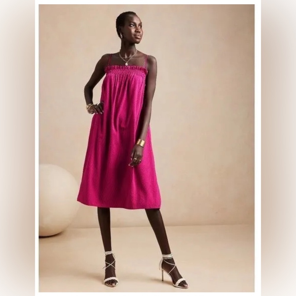 *NWT* Banana Republic Hot Pink Ruffle Neck Seersucker Midi Dress M